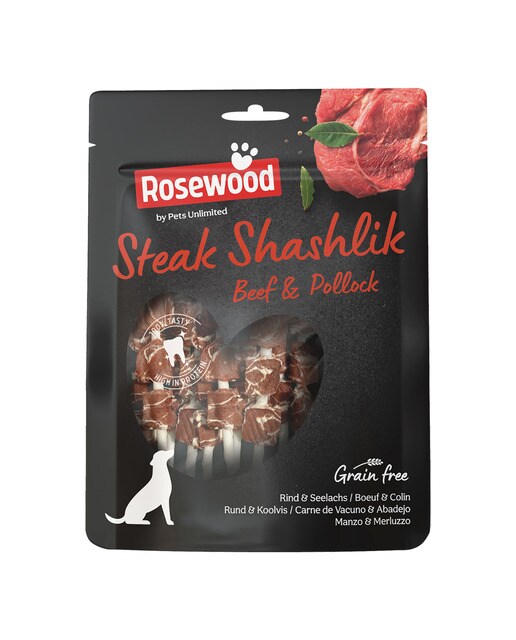 Rosewood - Snack para perros adultos medianos y grandes Steak Shashlik Rosewood ternera y bacalao 100 g