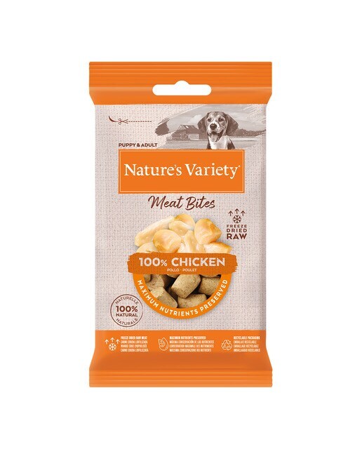 Snack para perros cachorros y adultos Nature`s Variety Meat Bites pollo liofilizado 20 g