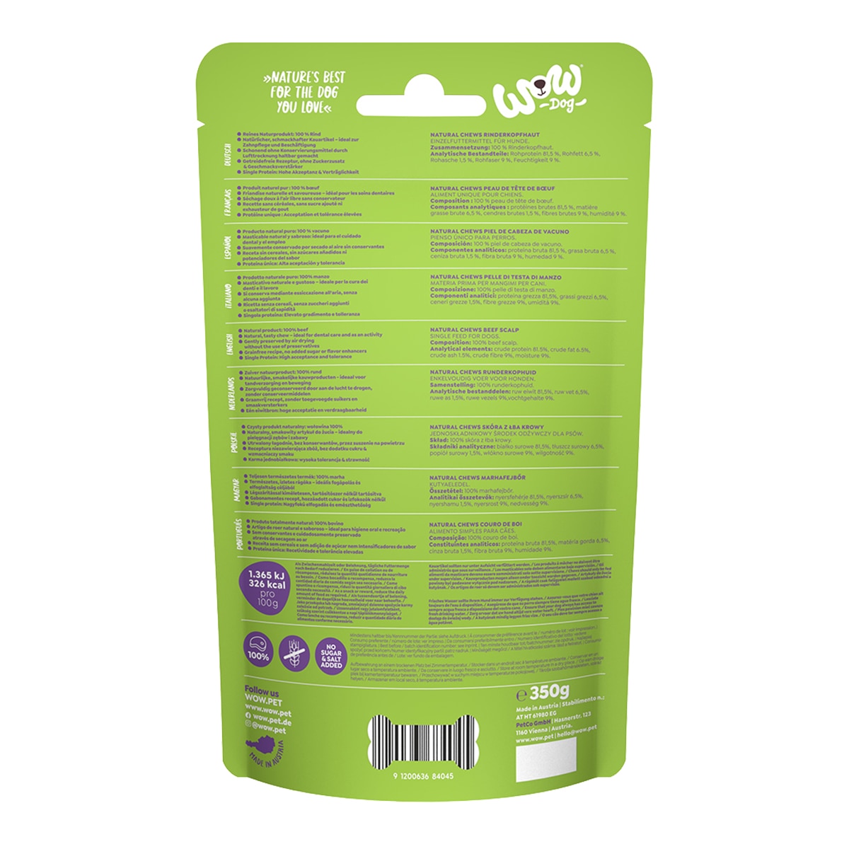 Snack para perros adultos medianos y grandes Wow Natural Chews piel de cabeza de vacuno 350 g 2