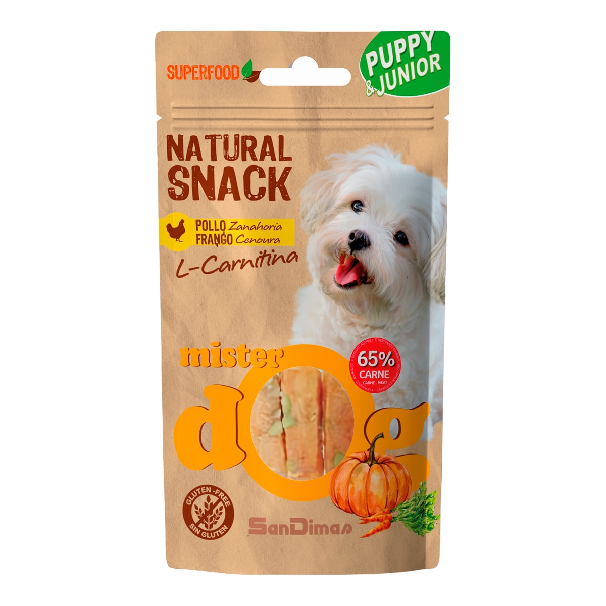 Imagen 0 de Snack para perros cachorros y junior Mister Dog pollo con zanahoria 70 g