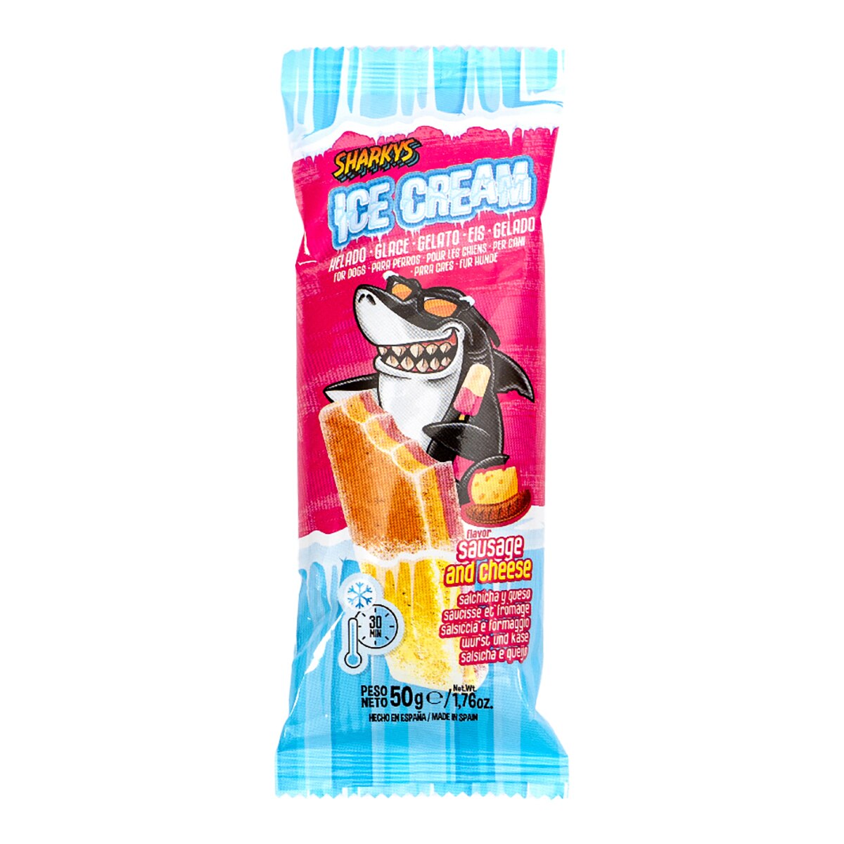 Snackys – Snack helado para perros adultos sabor salchicha y queso Snackys 50g.