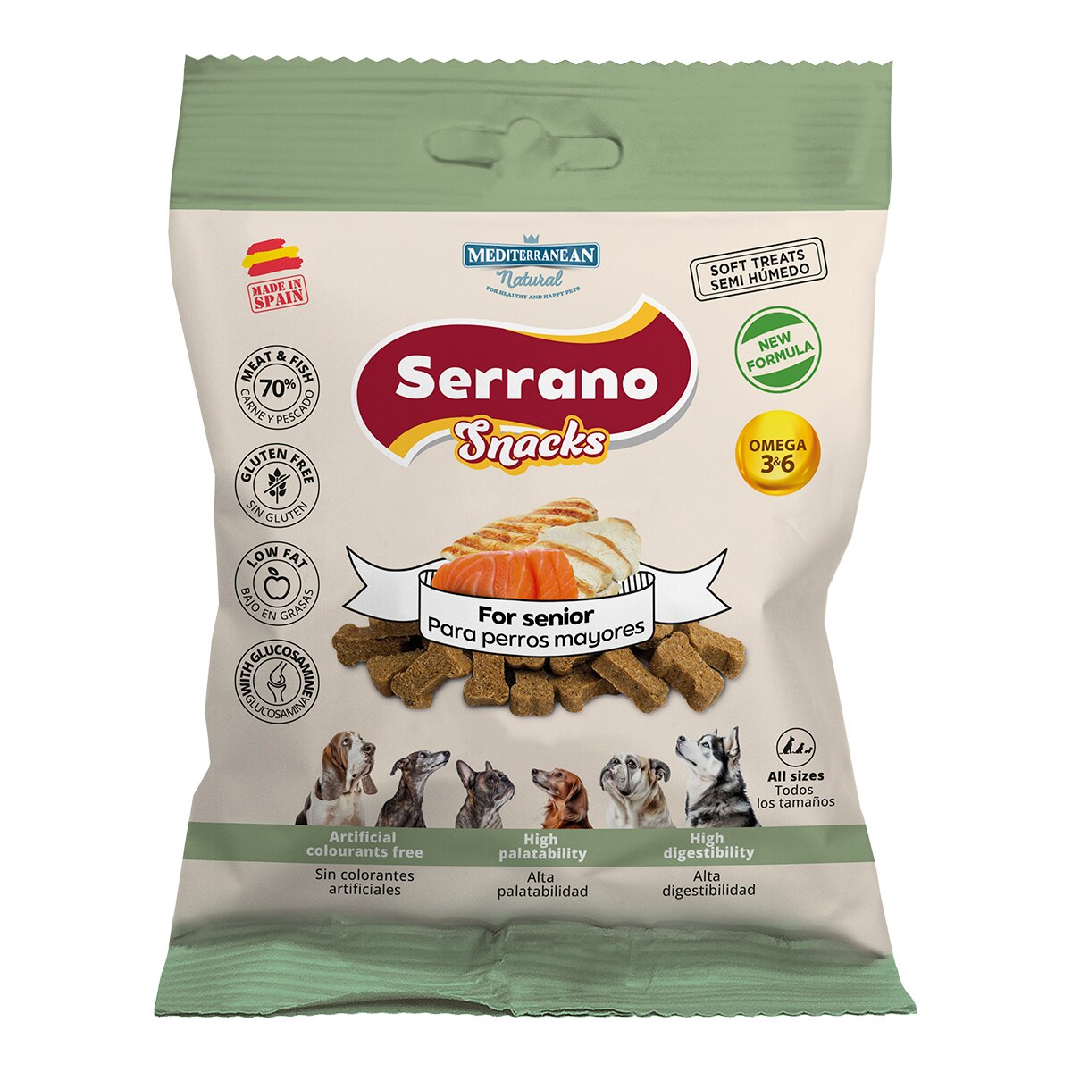Mediterranean Natural – Snack para perros sénior natural Mediterranean jamón, pavo, salmón y atún 85 g.