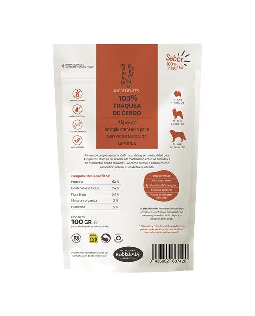 Tráquea de cerdo natural para perros adultos Hobbitalf 100 g 2
