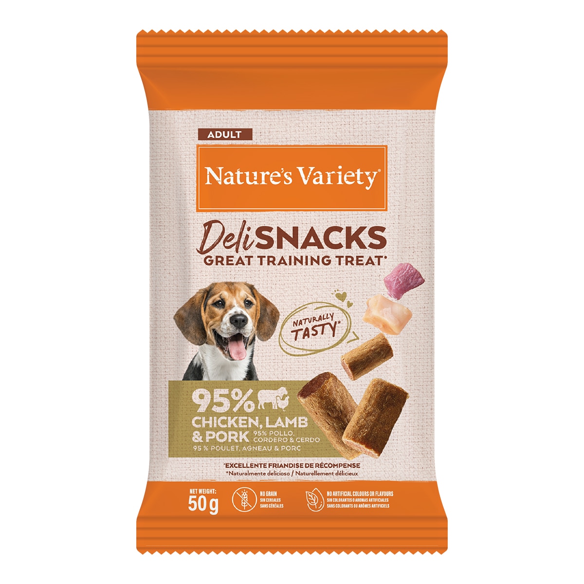 Imagen 0 de Snack para perros adultos Nature's Variety Deli pollo, cordero y cerdo 50 g