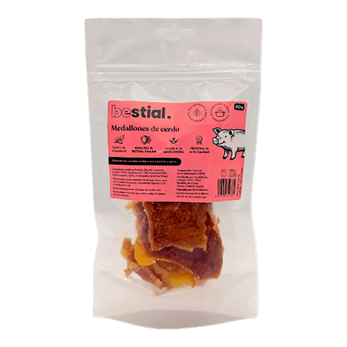 Imagen 0 de Snack natural de cerdo deshidratado medallón para perros y gatos Bestial 60 g