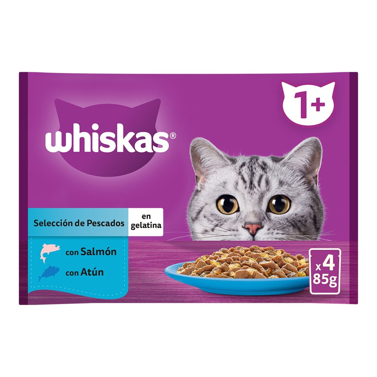 Whiskas - Comida húmeda para gatos + 1 año Whiskas Selección Pescados en gelatina 4 x 85 g