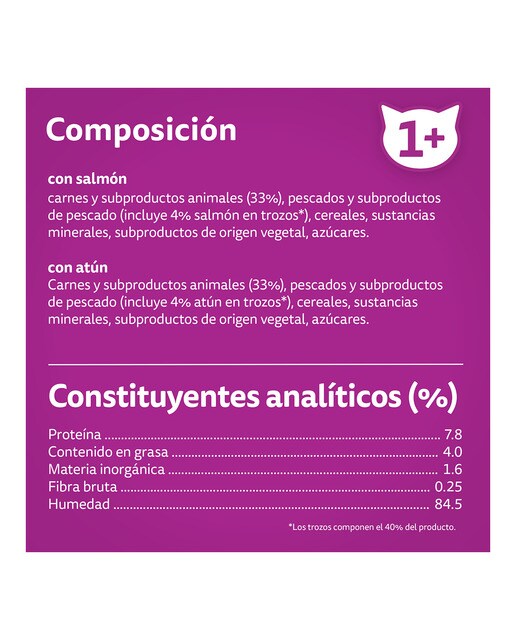 Imagen 3 de WHISKAS comida húmeda en gelatina para gatos con salmón 2 sobres 85 g con atún 2 sobres 85 g