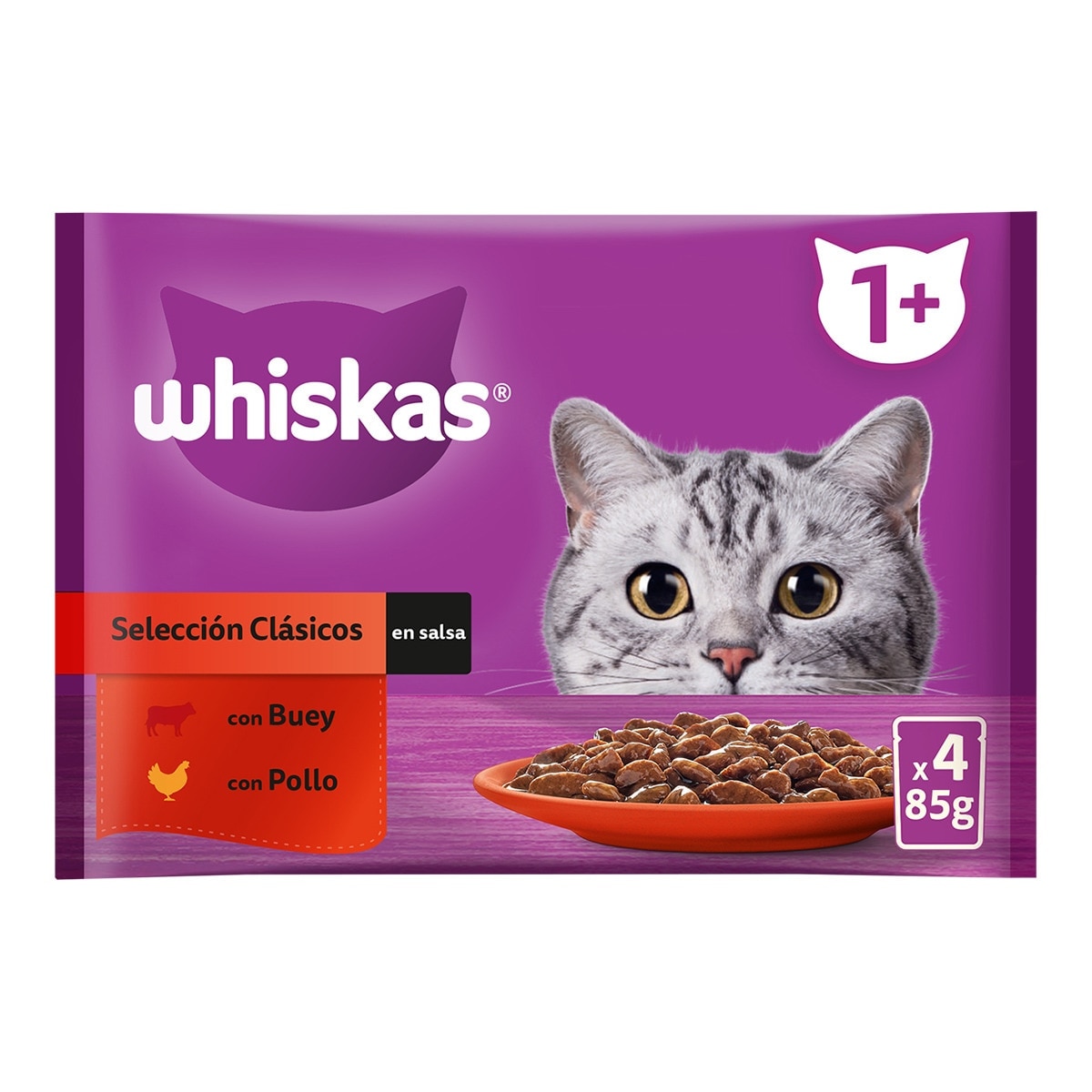 Whiskas - Comida húmeda para gatos + 1año Whiskas selección clásicos buey y pollo 4 x 85 g