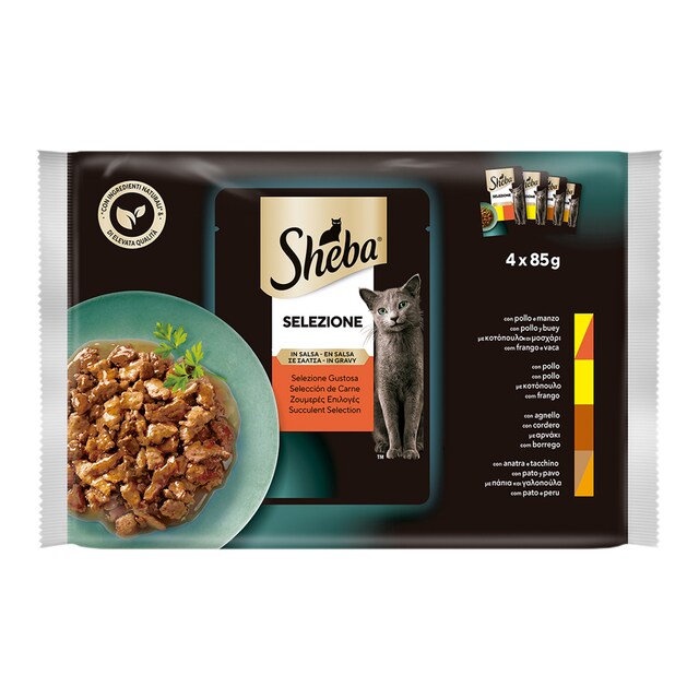 Comida húmeda para gatos adultos Sheba Selección de carnes en salsa 4 x 85 g