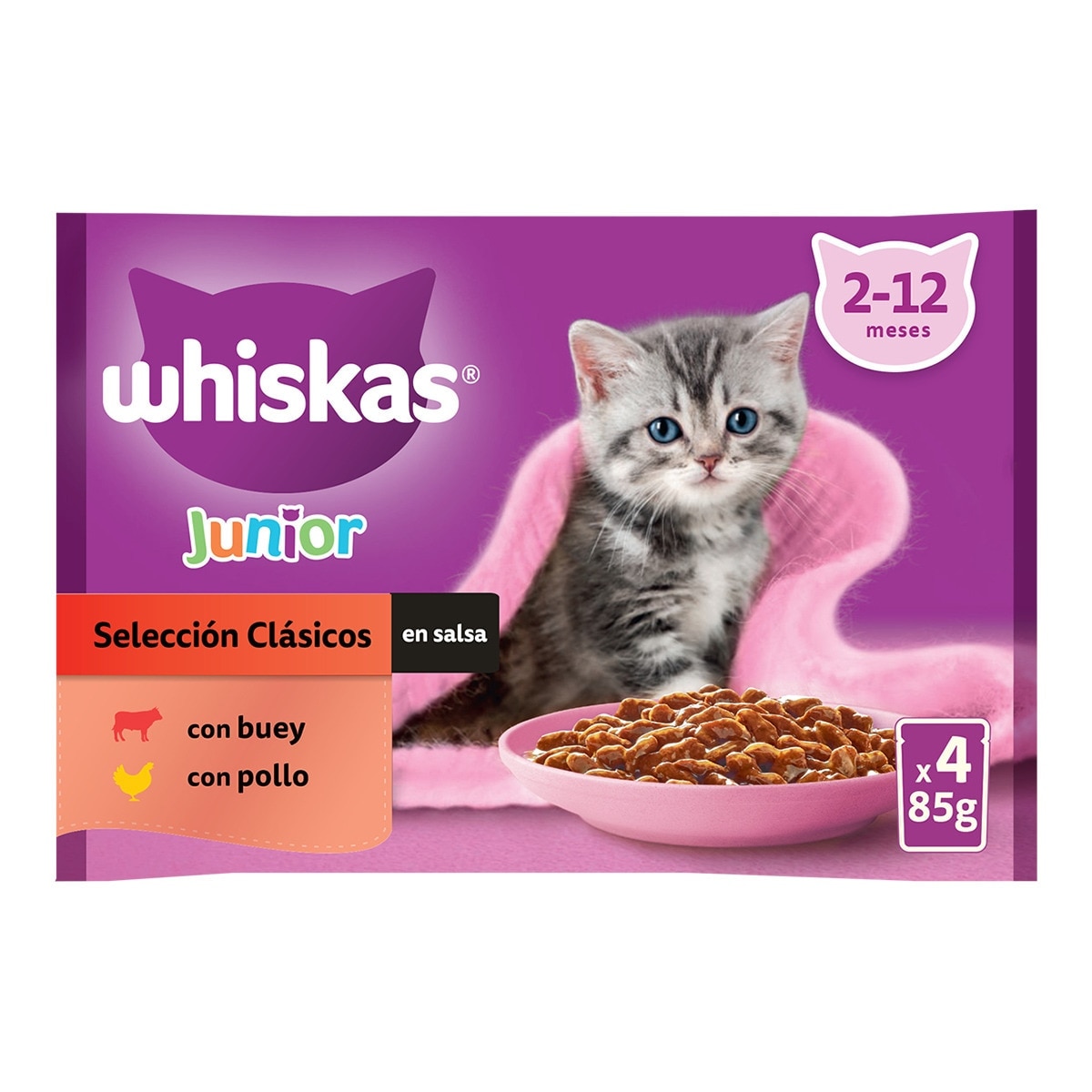 Whiskas - Comida húmeda para gatos Whiskas Junior Selección Carne 4 x 85 g