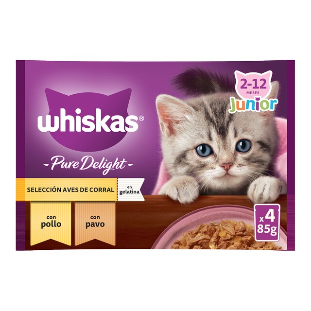 Comida húmeda para gatos Whiskas Junior Pure Delight selección de aves 4 x 85 g