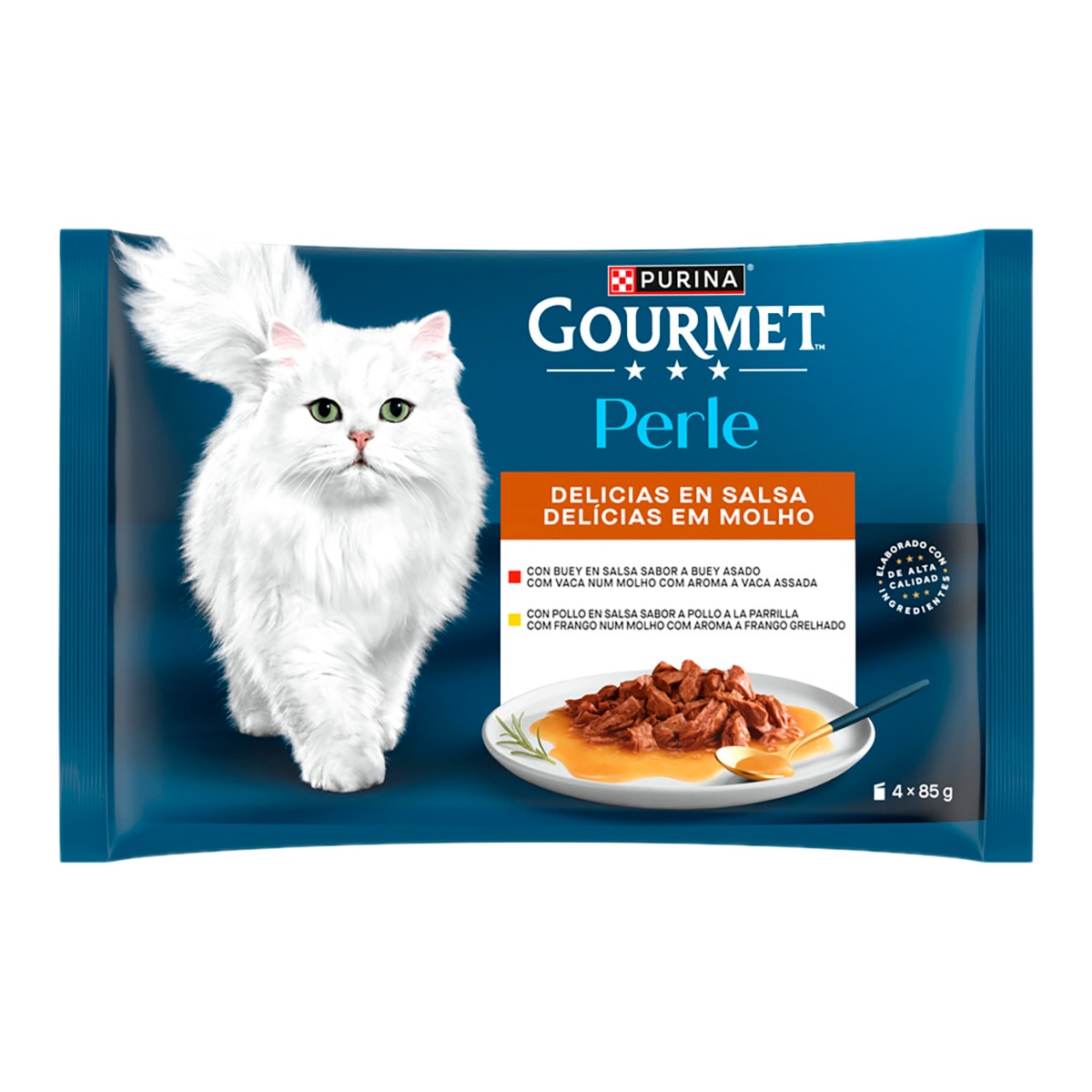 Imagen 0 de Comida húmeda para gatos adultos Gourmet Perle Delicias en salsa pollo y buey 4 x 85 g