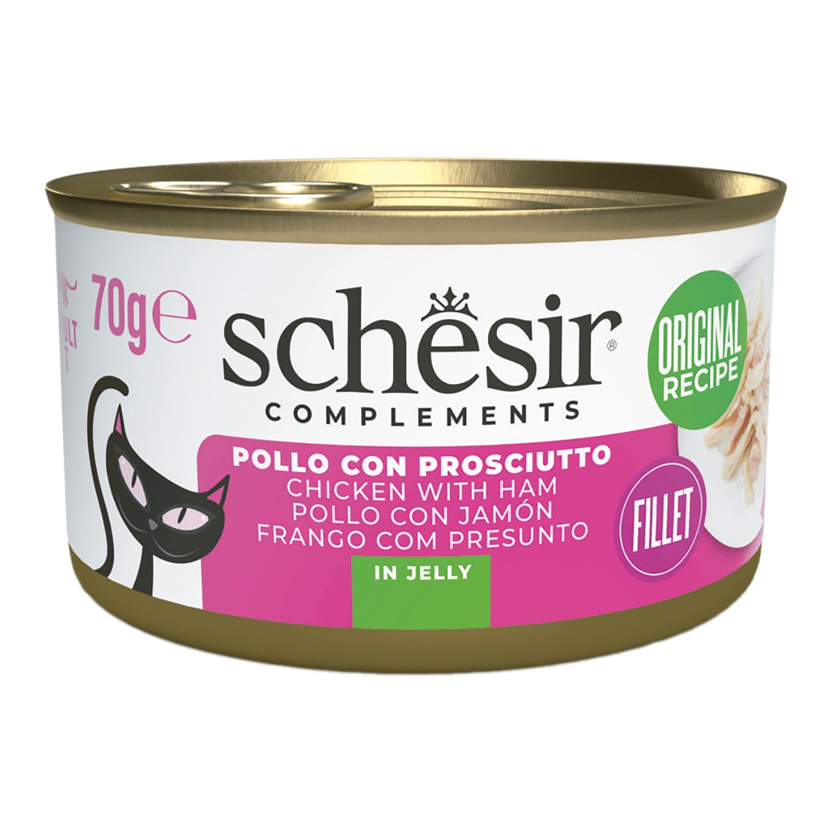 Schesir – Comida húmeda para gatos adultos Schesir filetes de pollo con jamón 70 g. 85 g