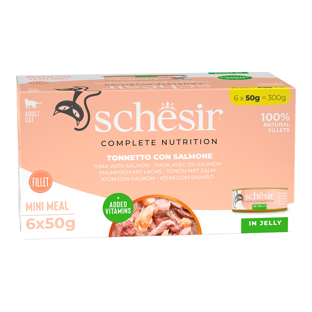 Schesir - Comida húmeda para gatos adultos Schesir atún con salmón 6 x 50 g.