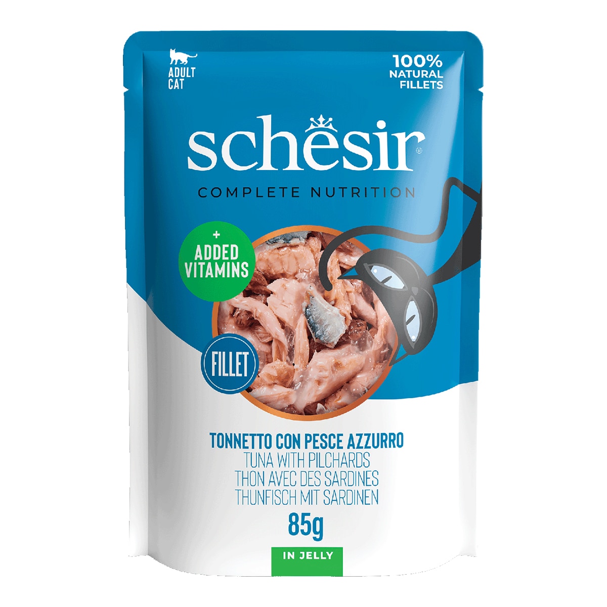 Comida húmeda para gatos adultos Schesir atún y caballa 85 g 1