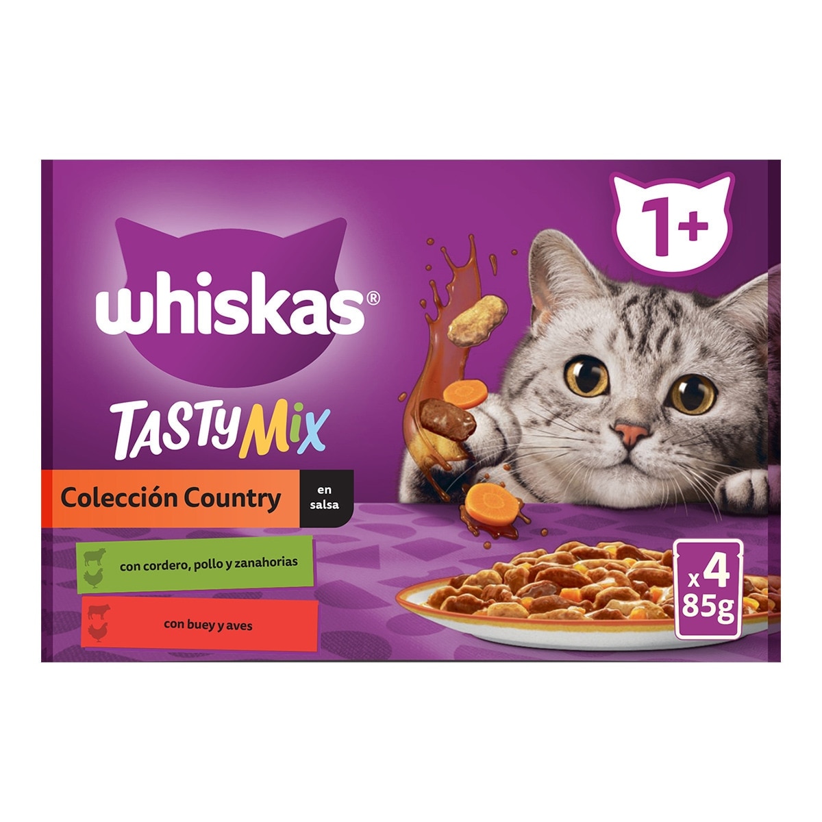 Whiskas - Comida húmeda para gatos adultos +1 año Whiskas Tasty Mix Colección Country en salsa 4 x 85 g