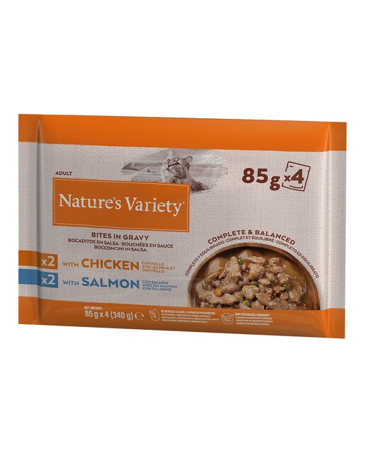 Nature's Variety - Comida húmeda para gatos adultos Nature's Variety bocados en salsa pollo y salmón 4 x 85 g