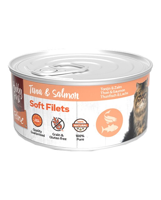 Hobby First - Comida húmeda para gatos adultos Hobby First filetes atún y salmón 70 g