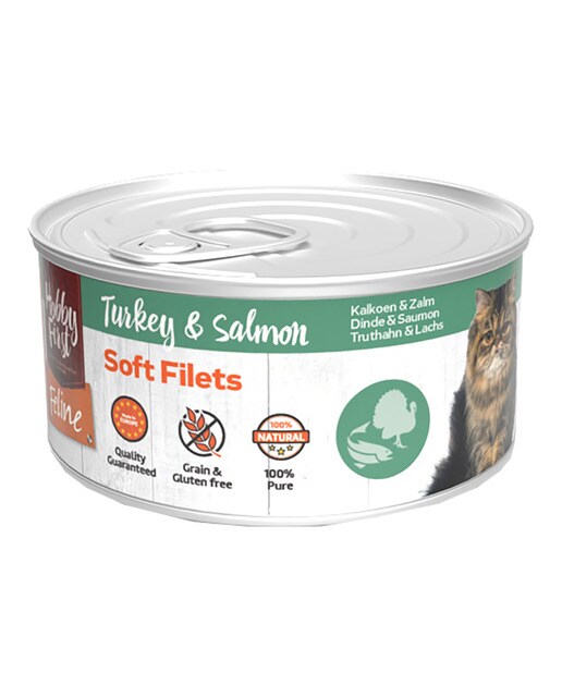 Hobby First - Comida húmeda para gatos adultos Hobby First filetes pavo y salmón 70 g