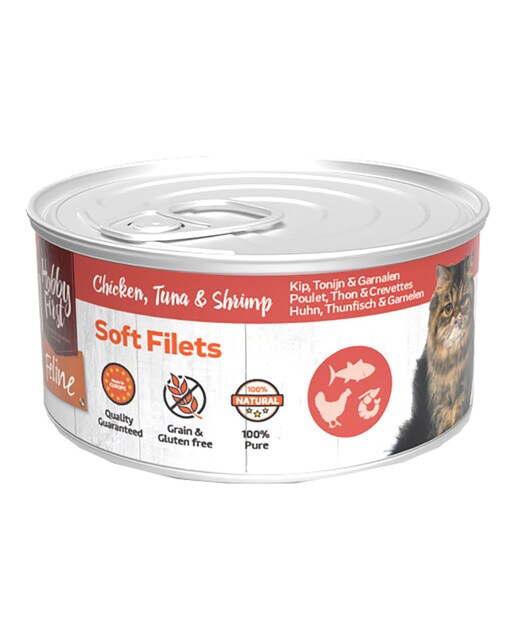 Hobby First - Comida húmeda para gatos adultos Hobby First filetes pollo, atún y gambas 70 g