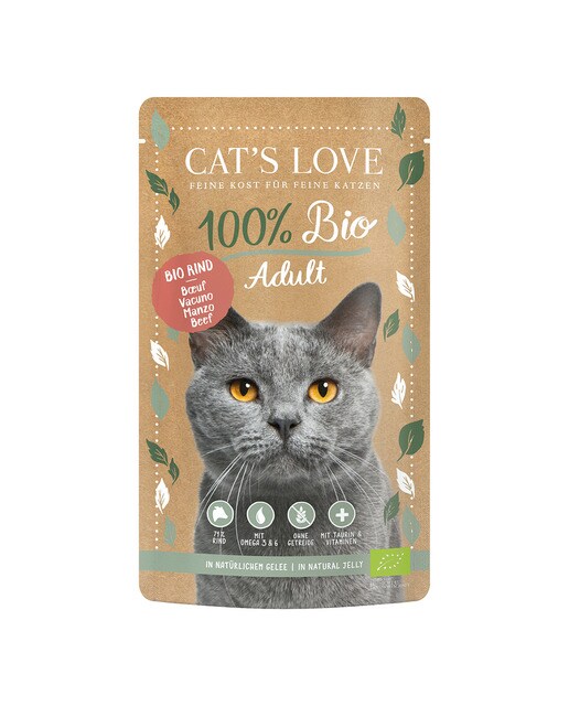 Cat's Love - Comida húmeda para gatos adultos Cat's Love 100% Bio vacuno en gelatina grain free 100 g