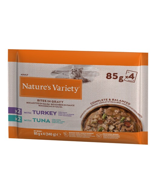 Nature's Variety - Comida húmeda para gatos adultos Nature's Variety bocados en salsa pavo y atún 4 x 85 g
