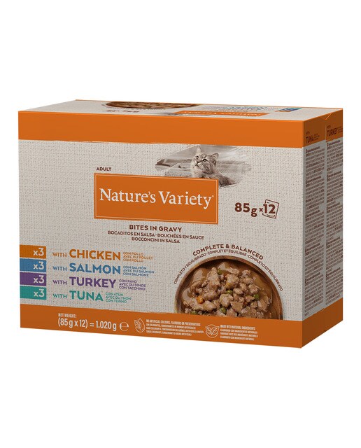 Imagen 0 de Comida húmeda para gatos adultos Nature's Variety bocados en salsa pollo, salmón, pavo y atún 12 x 85 g