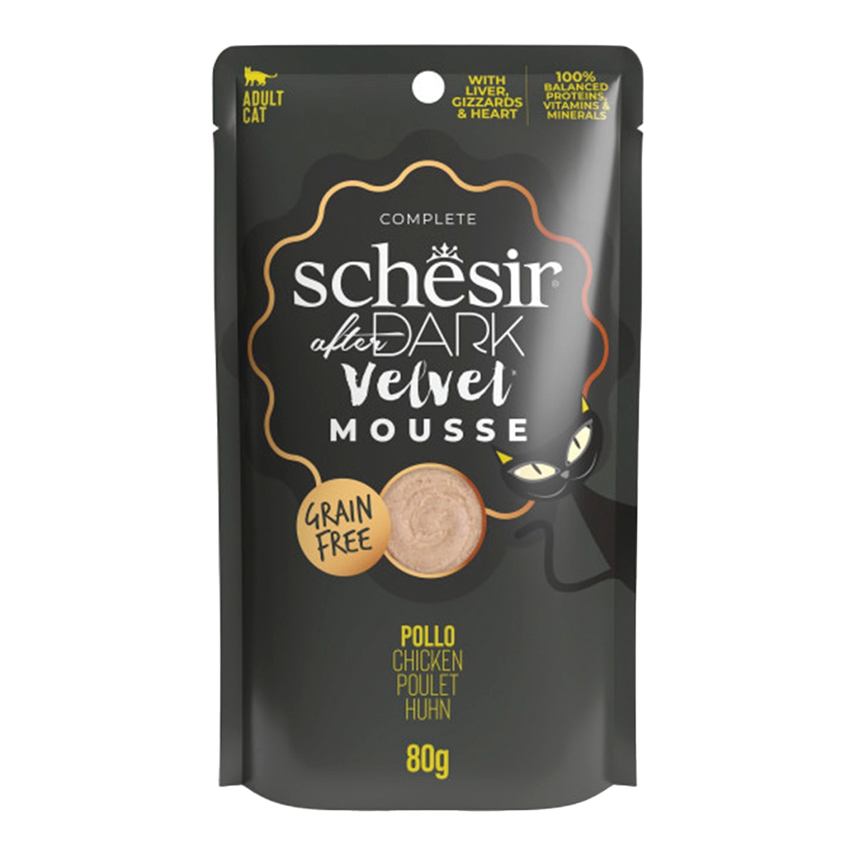 Schesir – Comida húmeda para gatos adultos Schesir After Dark pollo 80g.