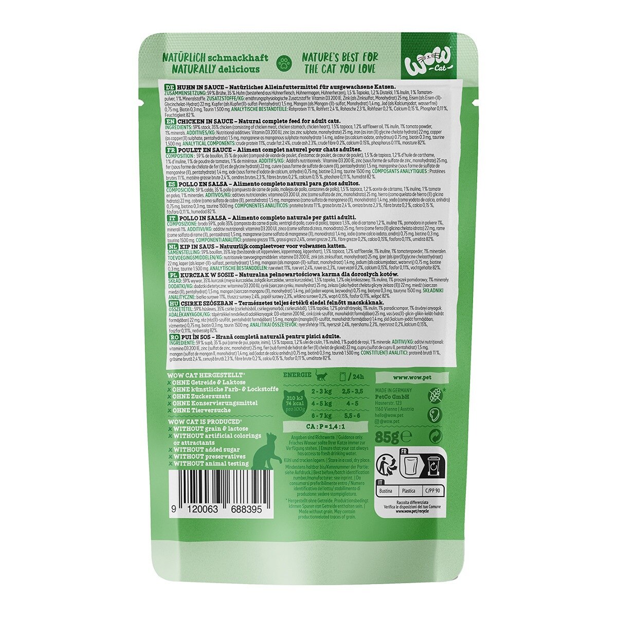 Comida húmeda para gatos adultos Wow pollo en salsa 85 g 2