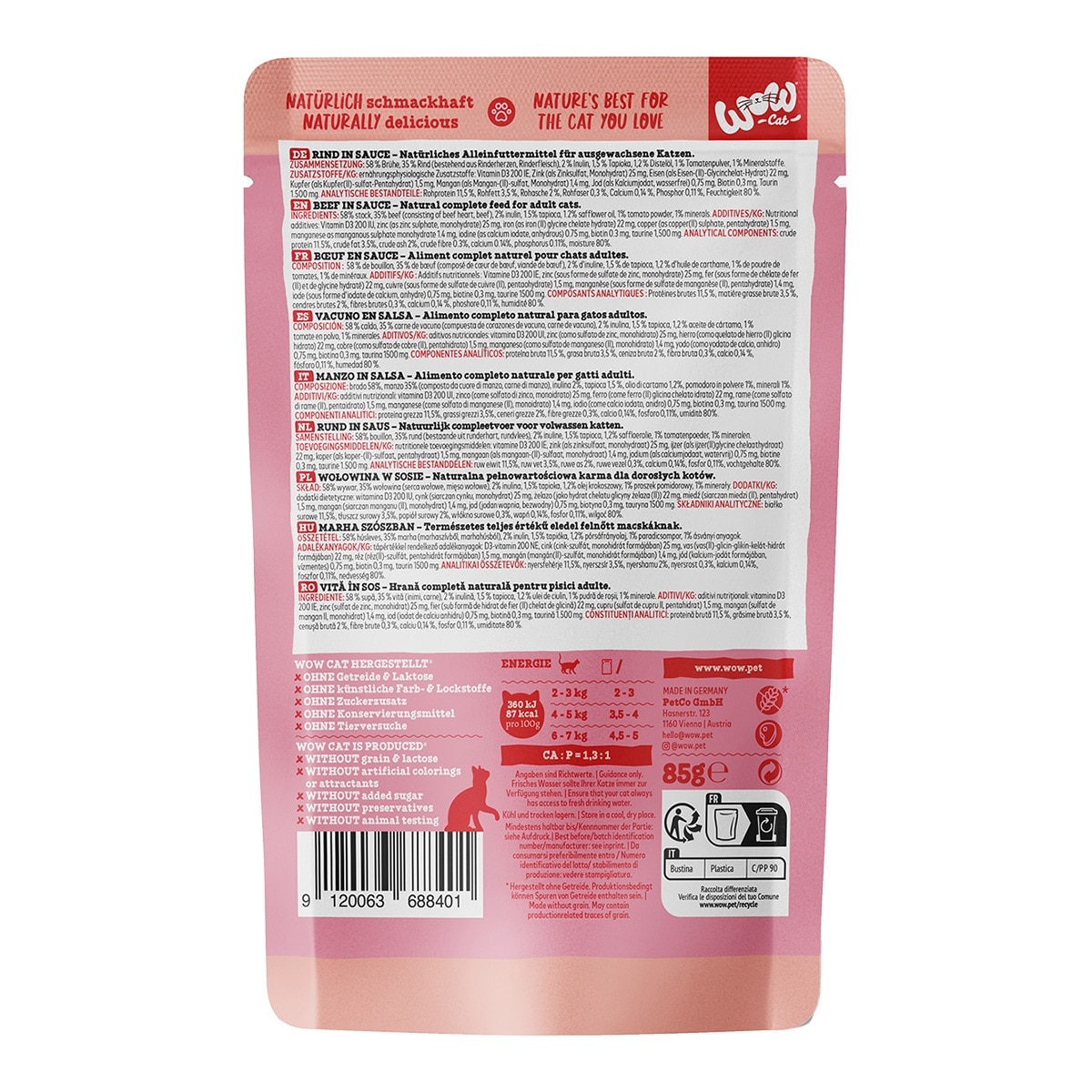 Comida húmeda para gatos adultos Wow vacuno en salsa 85 g 2