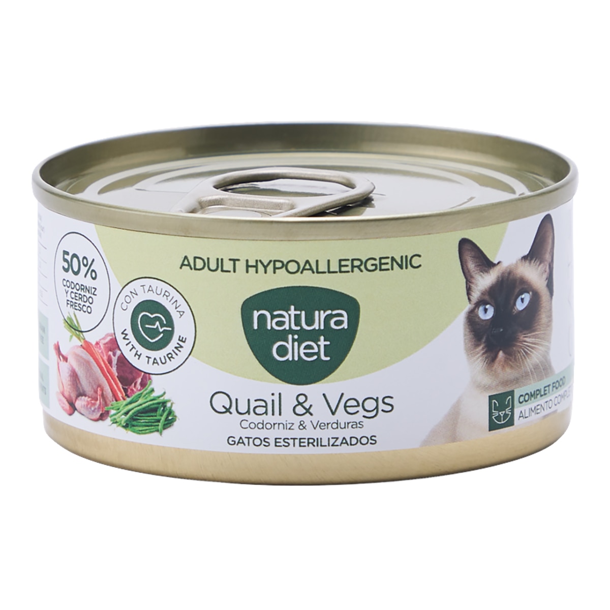 Imagen 1 de Comida húmeda para gatos adultos esterilizados hipoalergénico Natura Diet paté codorniz y verduras 85 g
