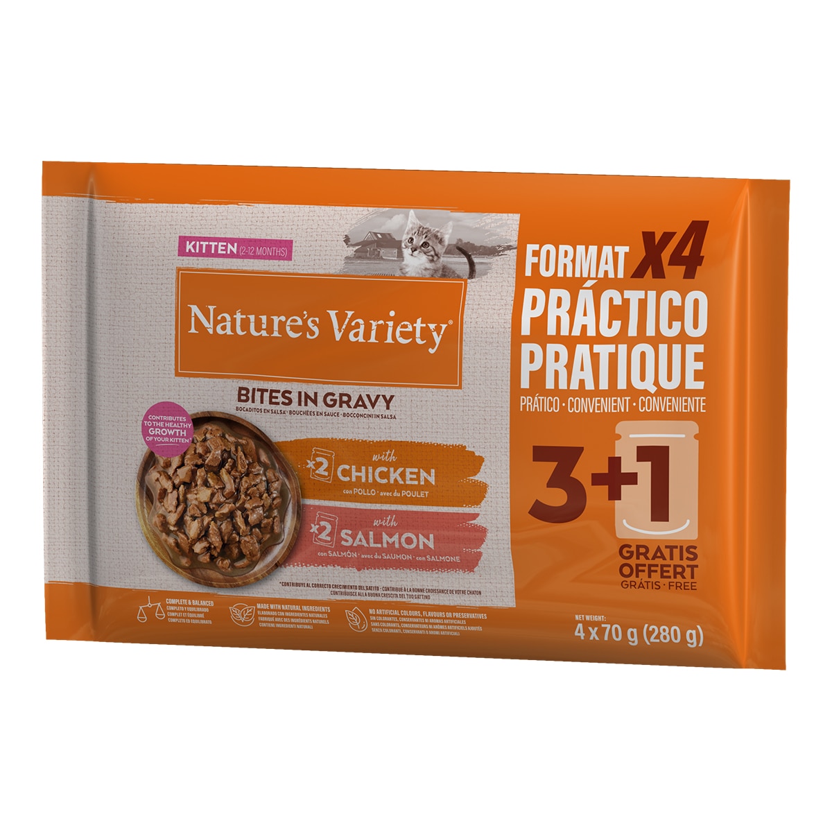 Comida húmeda para gatitos Nature's Variety bocaditos en salsa pollo y salmón 4 x 70 g 1