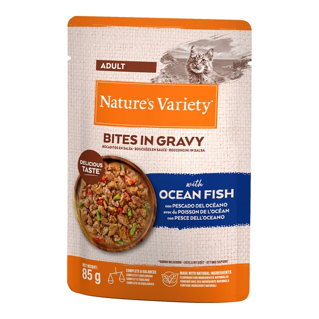Comida húmeda para gatos adultos Nature's Variety bocaditos en salsa con pescado del océano 85 g