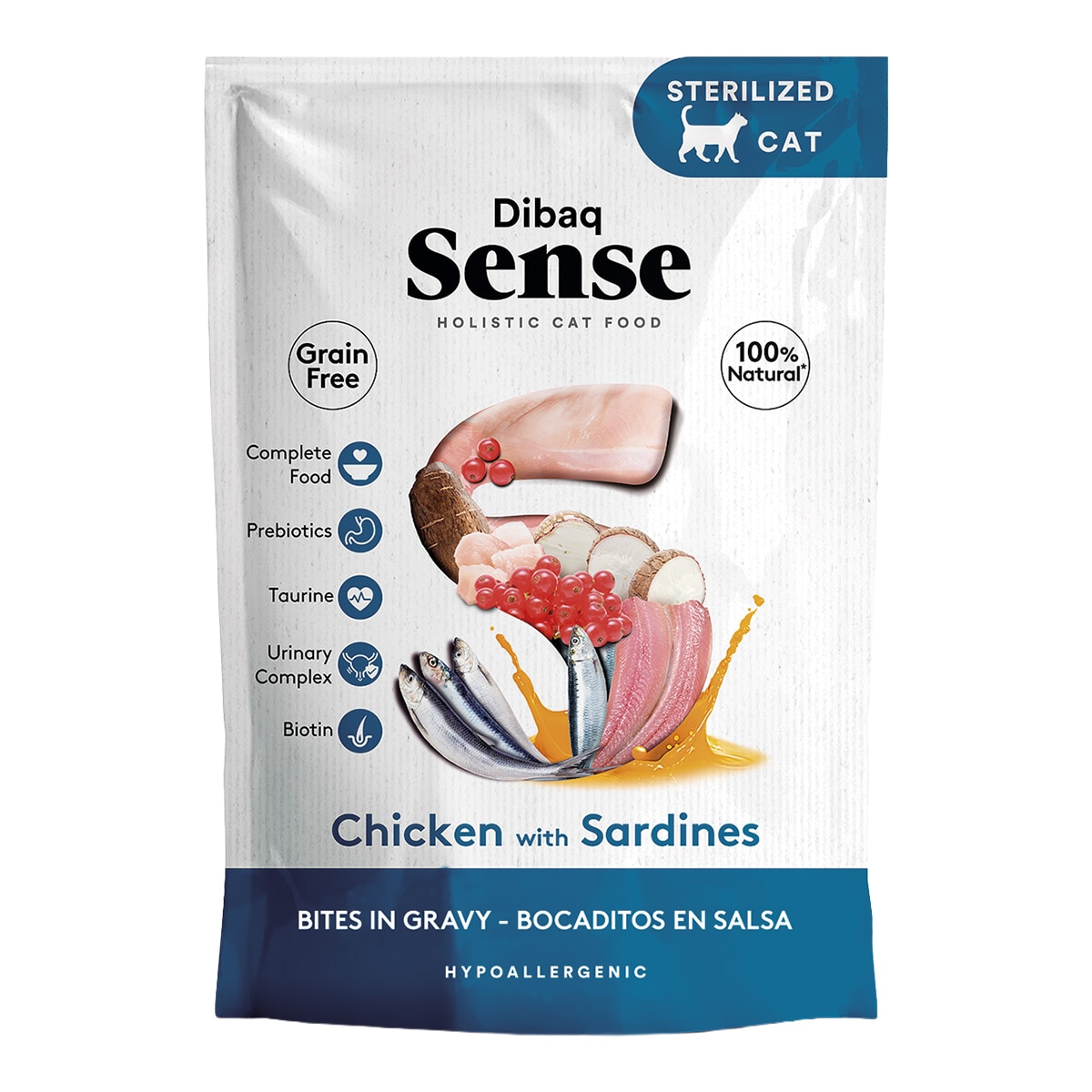 Imagen 0 de Comida húmeda para para gatos adultos esterilizados Dibaq Sense bocaditos en salsa pollo con sardinas 100 g