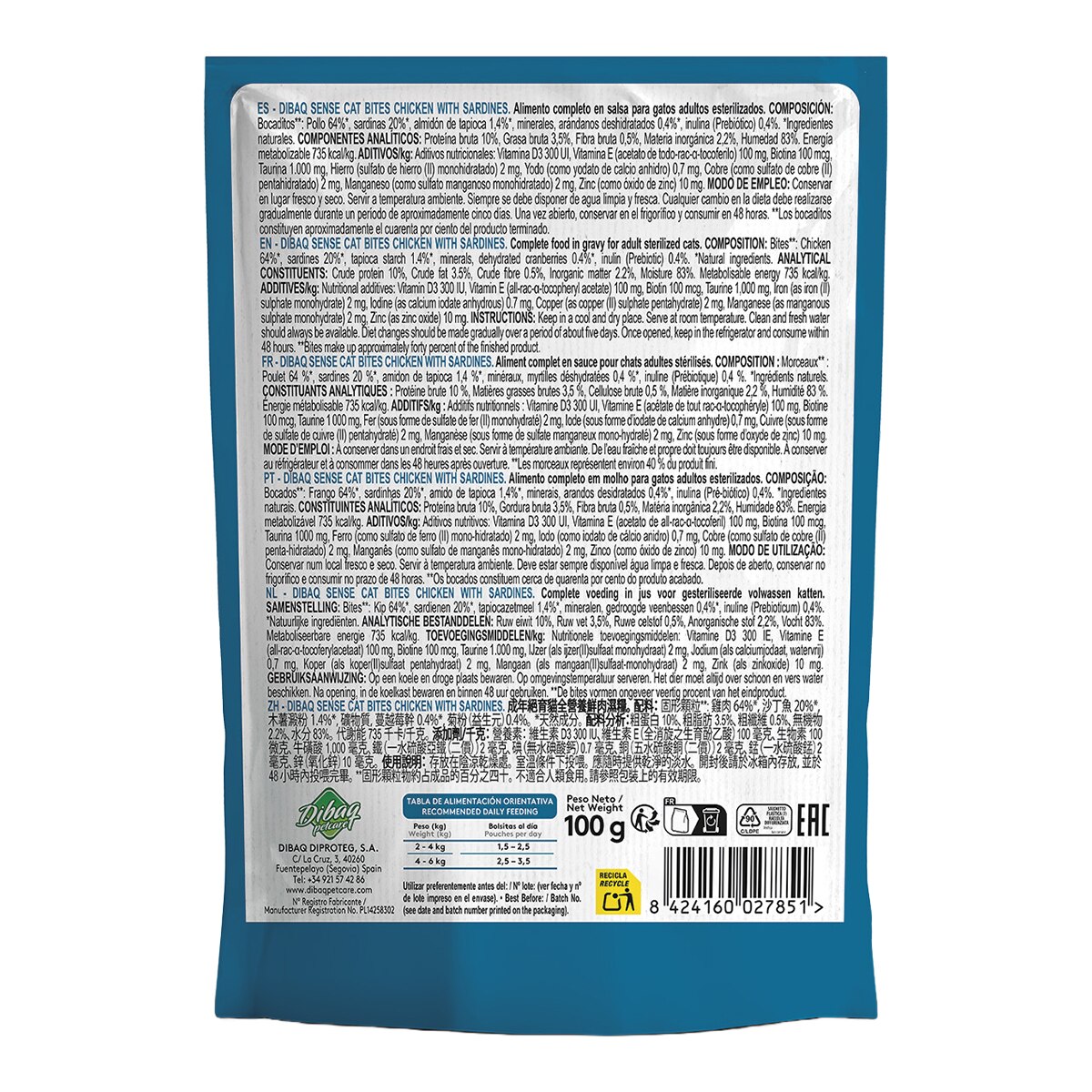 Comida húmeda para para gatos adultos esterilizados Dibaq Sense bocaditos en salsa pollo con sardinas 100 g 2