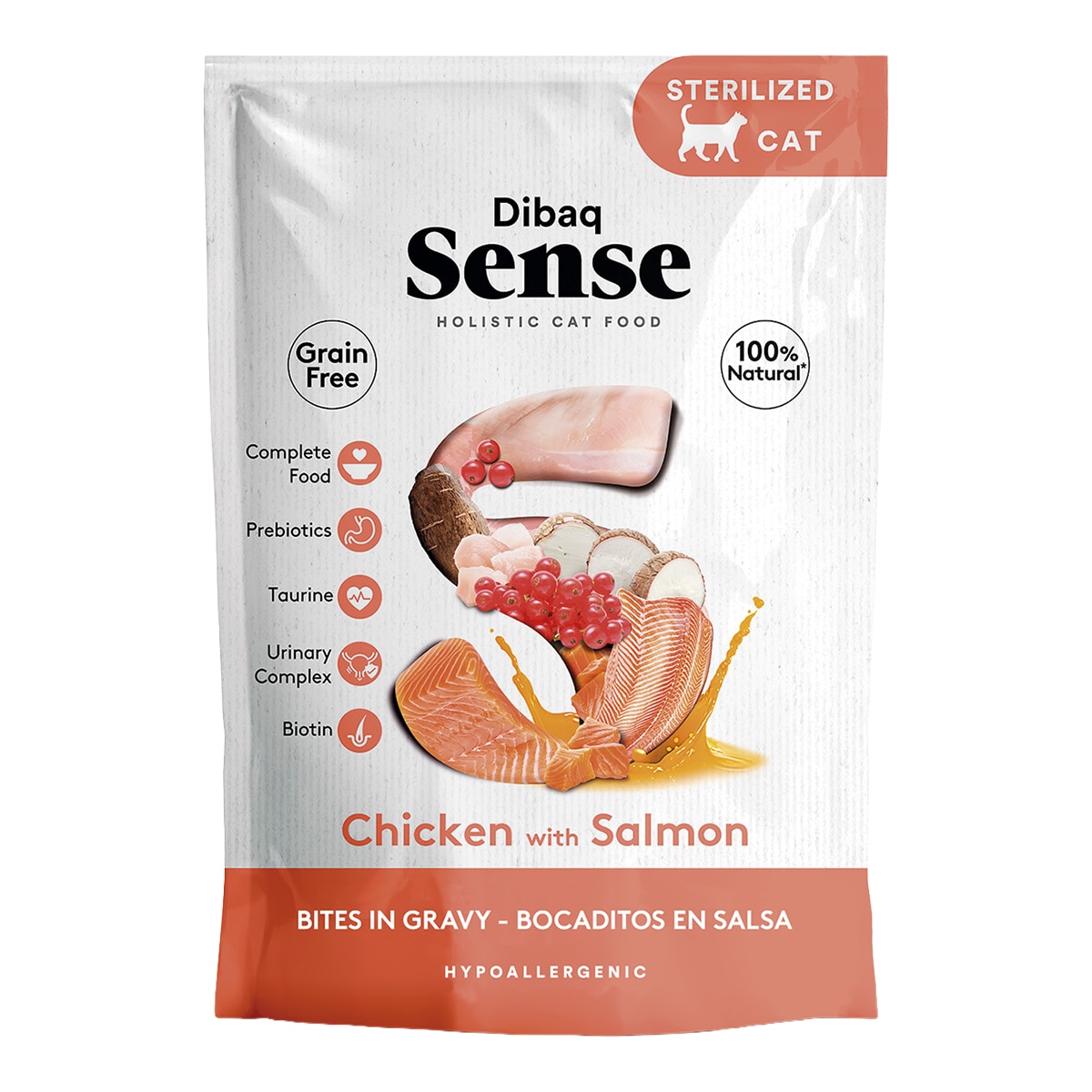 Imagen 0 de Comida húmeda para para gatos adultos esterilizados Dibaq Sense bocaditos en salsa pollo con salmón 100 g