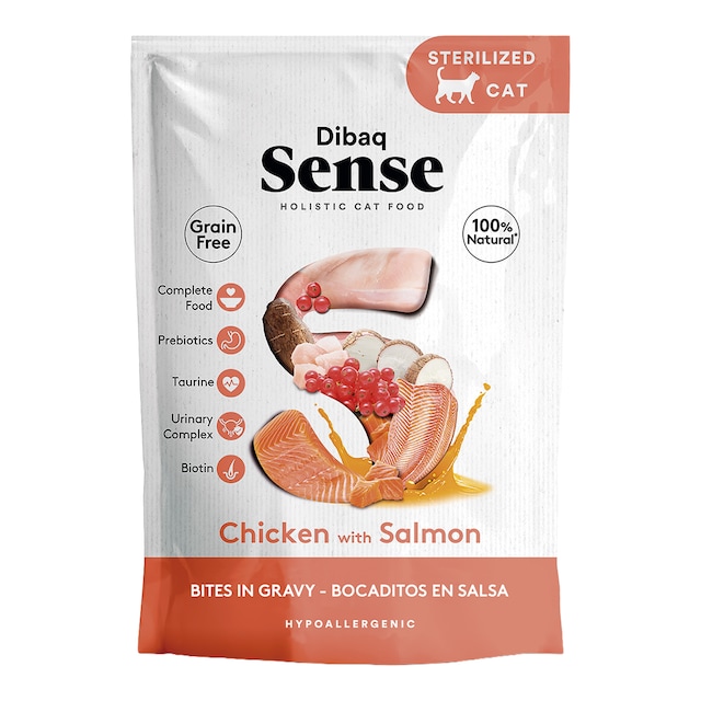 Comida húmeda para para gatos adultos esterilizados Dibaq Sense bocaditos en salsa pollo con salmón 100 g