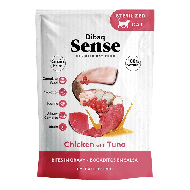 Comida húmeda para para gatos adultos esterilizados Dibaq Sense bocaditos en salsa pollo con atún 100 g