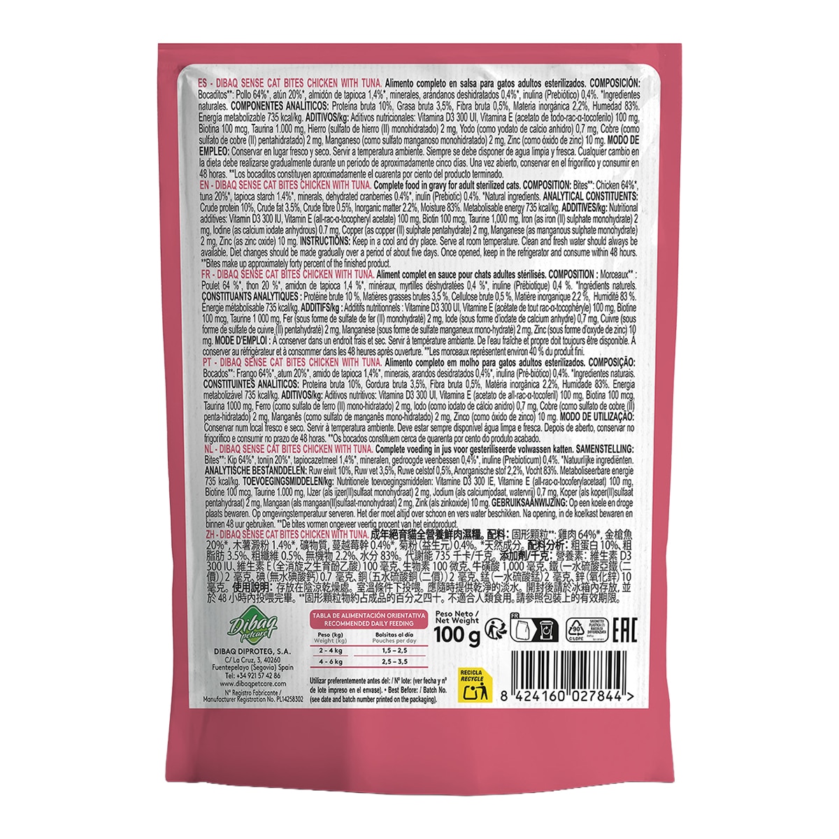 Comida húmeda para para gatos adultos esterilizados Dibaq Sense bocaditos en salsa pollo con atún 100 g 2
