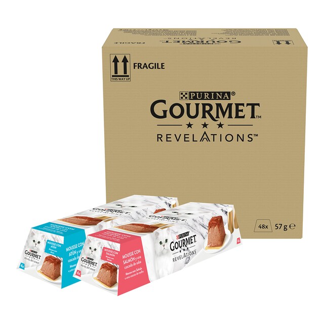 Comida húmeda para gatos adultos Purina Gourmet Revelations Mousse salmón y atun 48 x 57 g