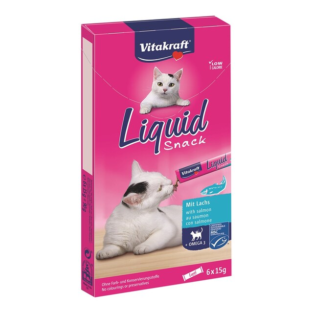Snack en gel para gatos adultos Vitakraft Cat Liquid salmón 6 x 15g