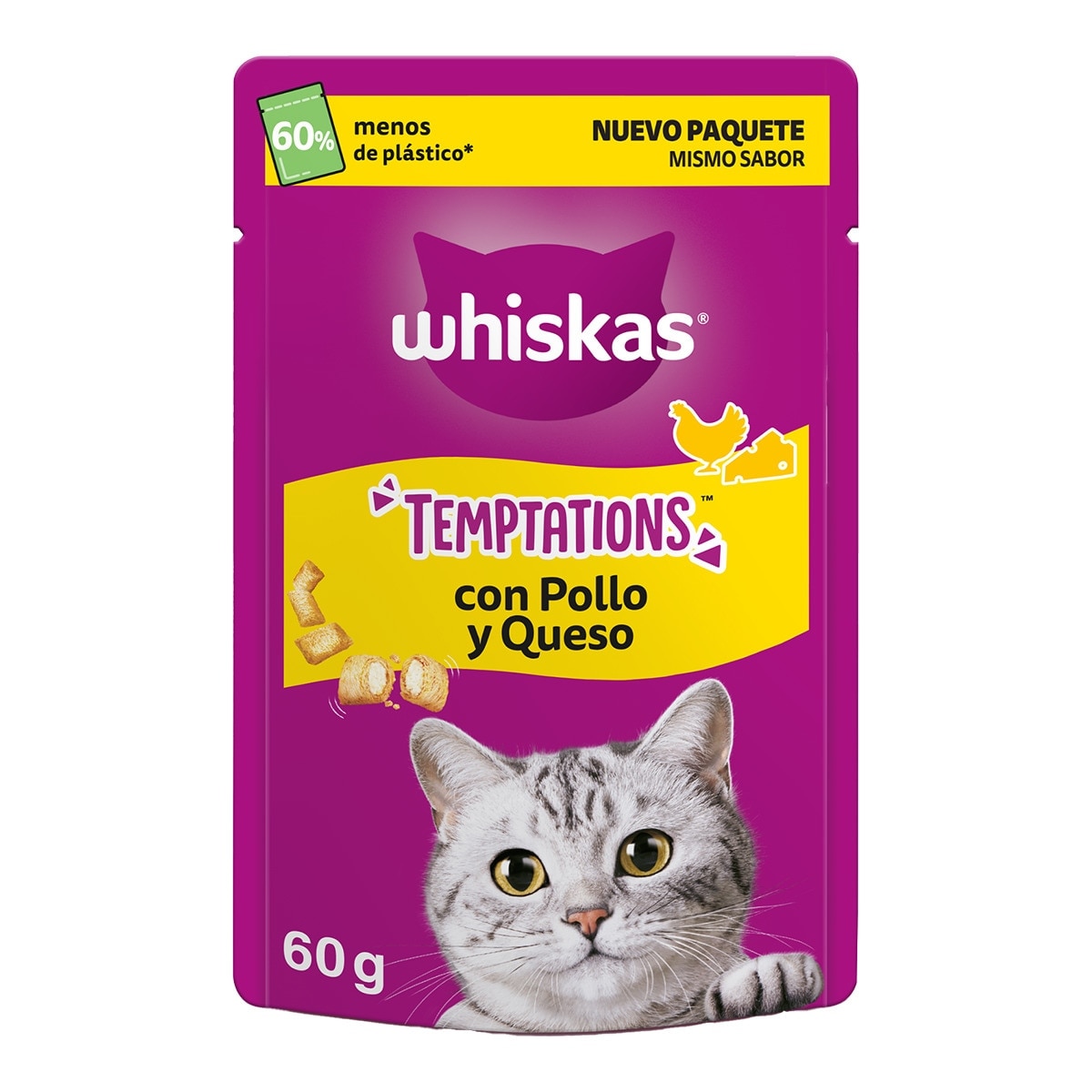 Whiskas - Snack para gatos adultos Whiskas Temptations pollo y queso 60 g