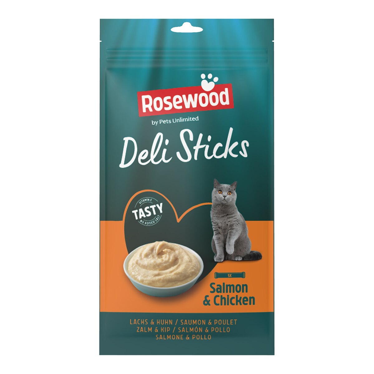 Rosewood – Snack para gatos adultos Delisticks Rosewood salmón y pollo 5 x 15 g. Talla 5 uds