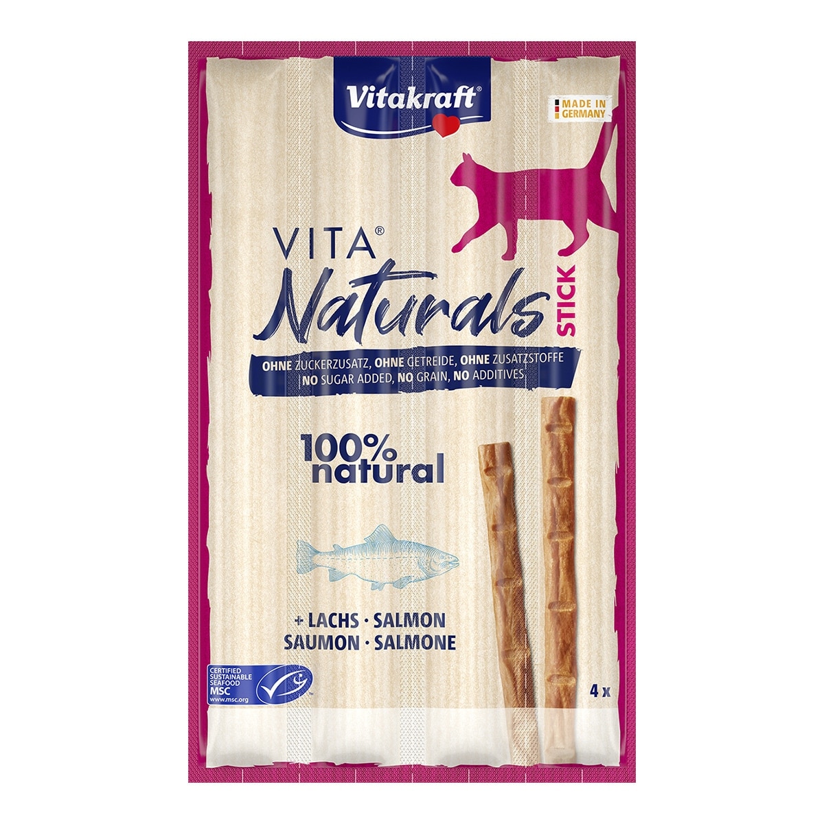 Vitakraft - Snack para gatos adultos Vitakraft Vita Naturals salmón 4 sticks x 5 g