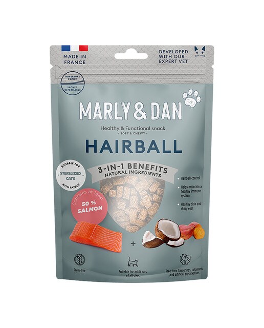 Marly & Dan - Snack para gatos adultos Marly & Dan Hairball bolas de pelo salmón 40 g
