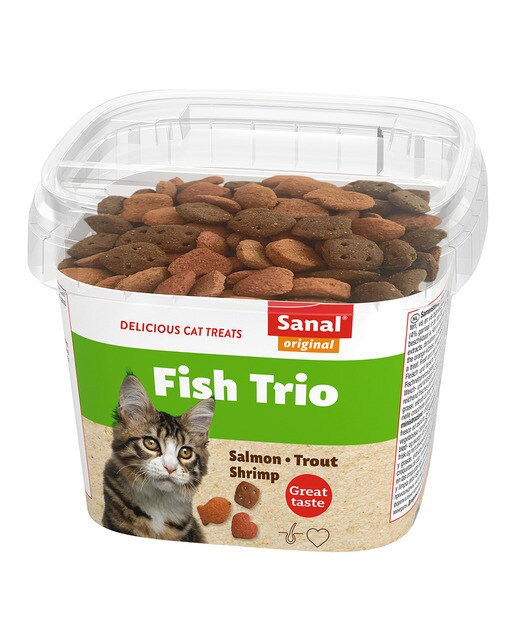 Sanal - Snack para gatos adultos Sanal bocaditos trío salmón, trucha y camarones 75 g