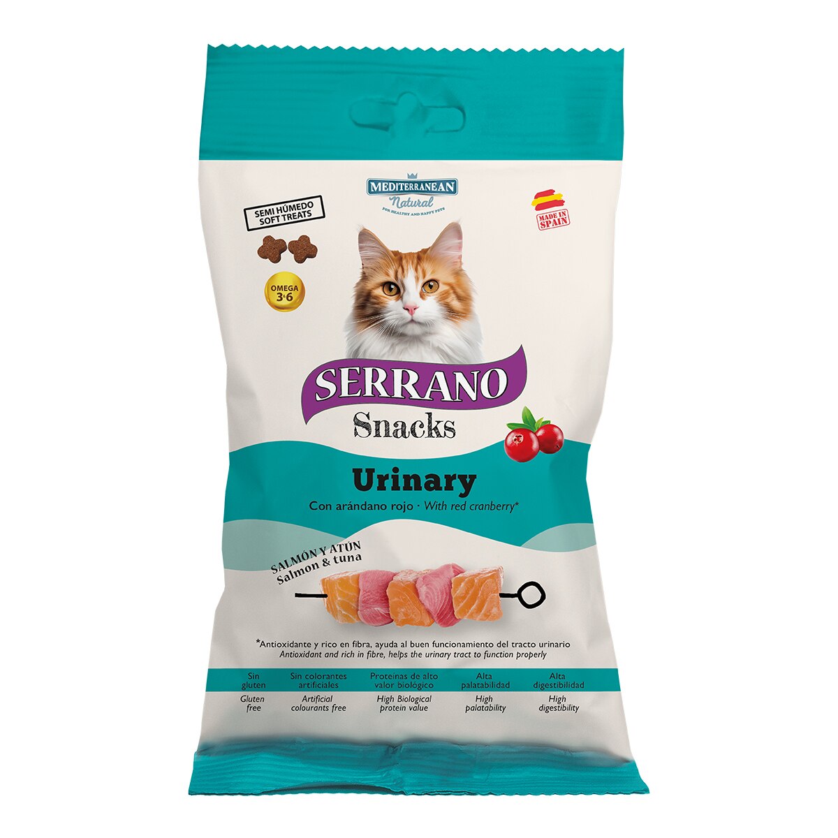 Mediterranean Natural – Snack funcional para gatos adultos Mediterranean Natural Serrano Urinary salmón y atún 50 g.