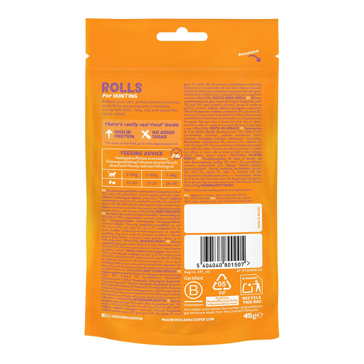 Snacks para gatos adultos Edgard & Cooper pollo y pavo sin cereales 45 g 2