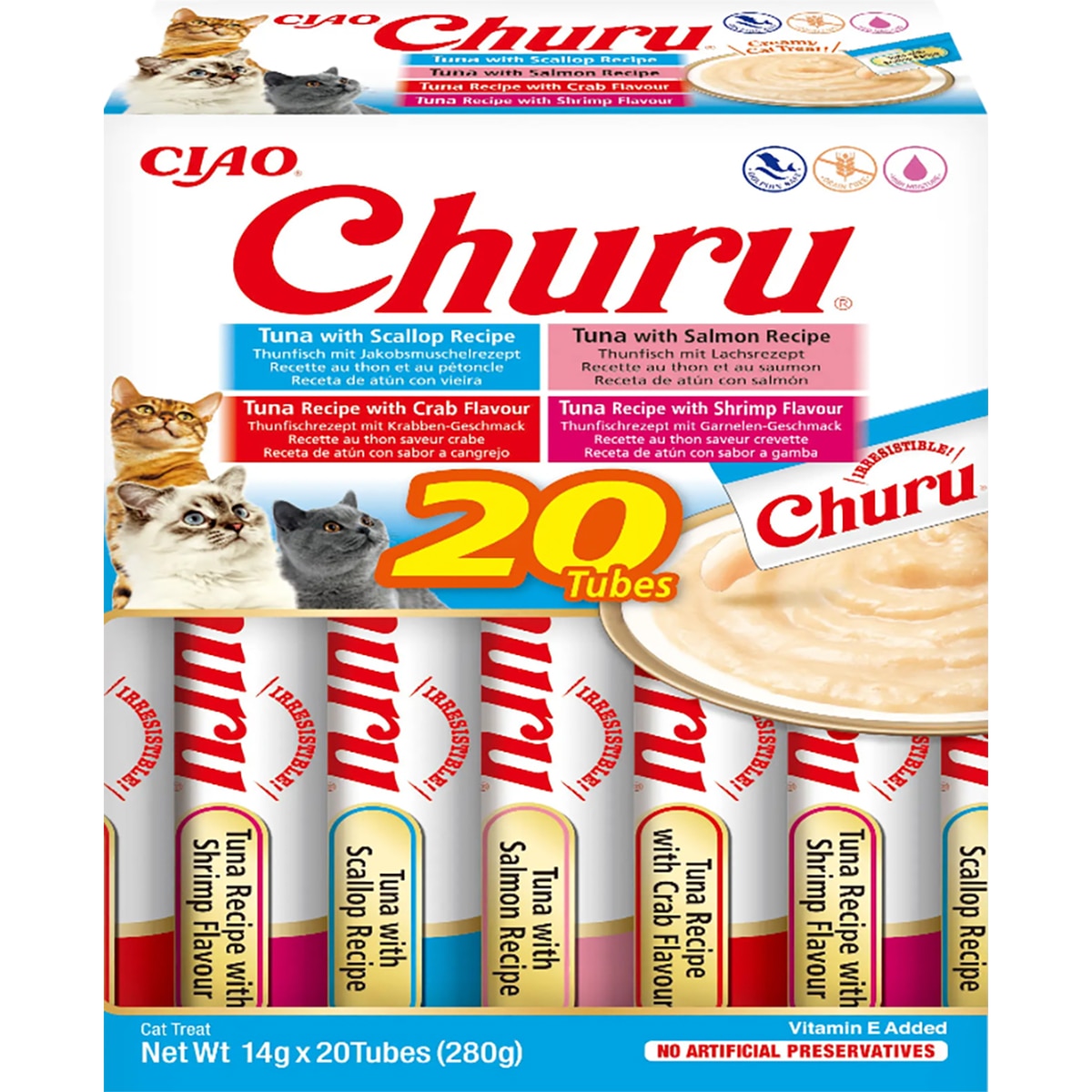 Imagen 0 de Snack para gatos adultos Churu variedades de atún con marisco 20 x 14 g