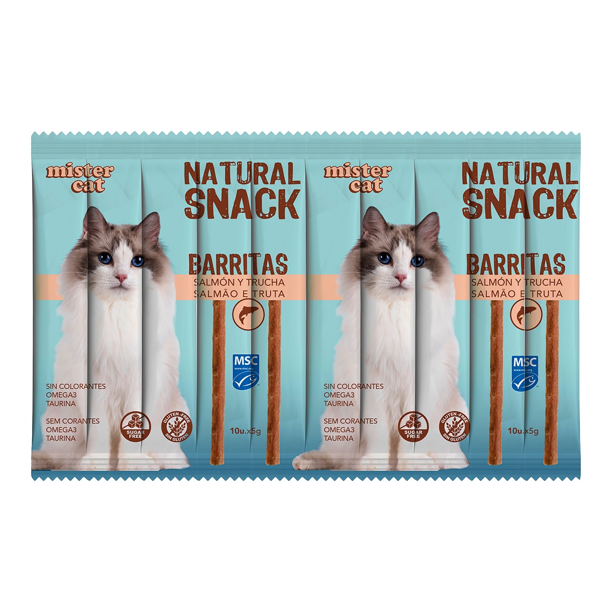 Imagen 0 de Snack para gatos Mister Cat salmón y trucha 10 x 5 g